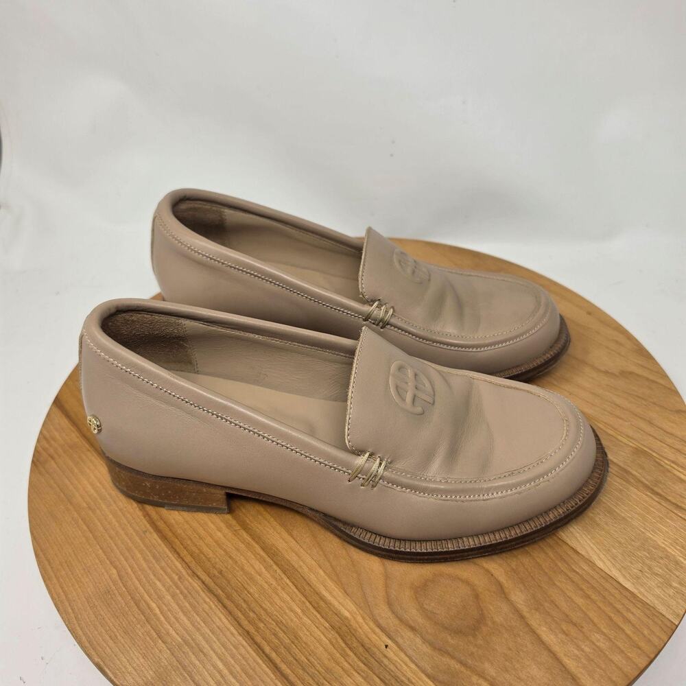 Anine Bing Shoes 6.5 Loafers Embossed Logo Leather Beige Dressy Work Office Chic